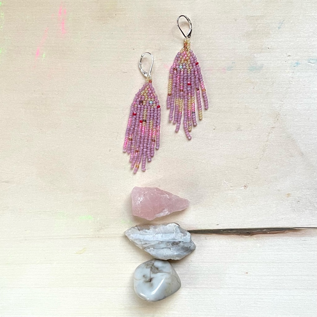 Handmade Glass Earrings Beaded Pink Fringe Vintage